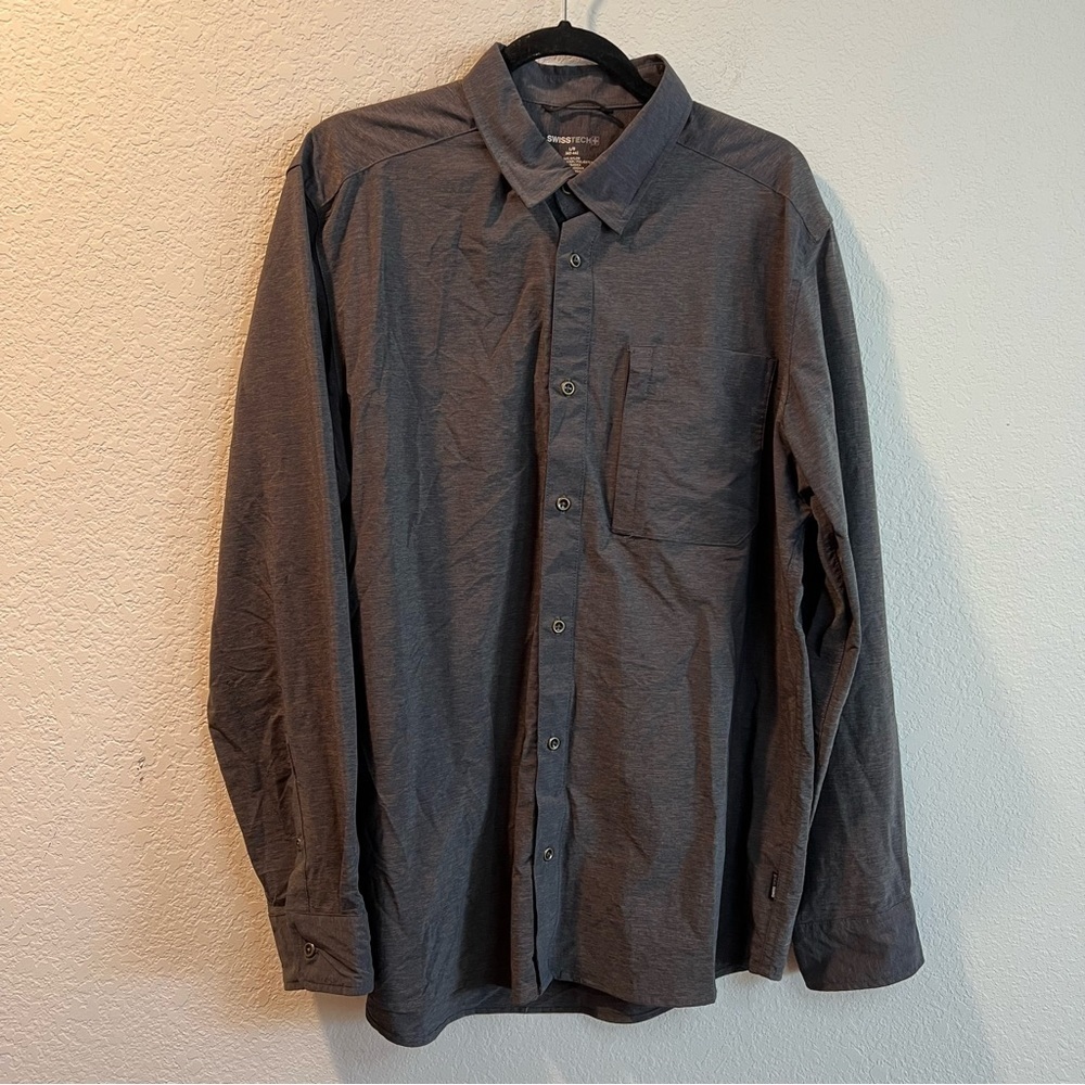 Men’s Swiss tech gray casual button down long sleeve shirt size large L